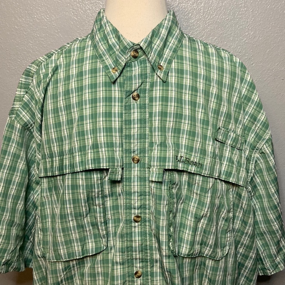 L.L.Bean Men’s Vented Fishing Shirt Green Check Short Sleeve XL